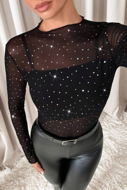 Mesh Rhinestone Mandarin Collar T-shirt