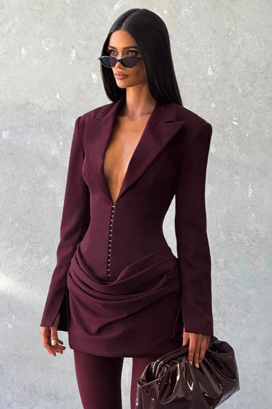 Tailored Deep V Neck Slim Waist Mini Dress