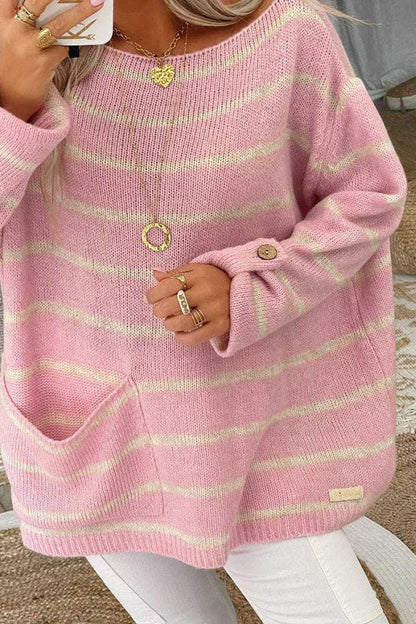 Color Contrast Stripe Pullover Round Neck Loose Sweater