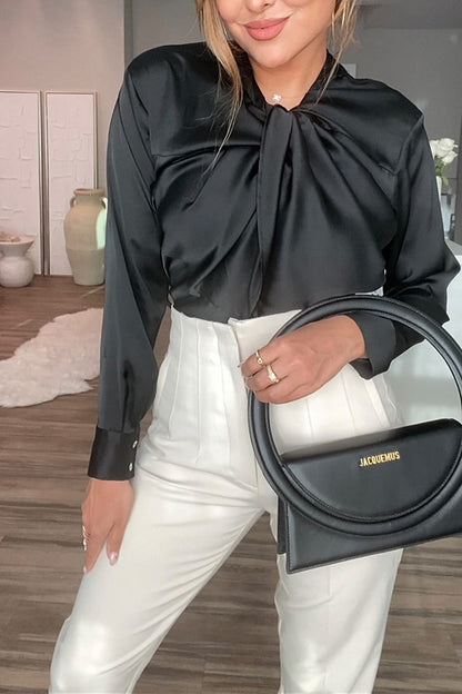 Switch Styles at Will Satin Botton Up Long Sleeve Relaxed Blouse