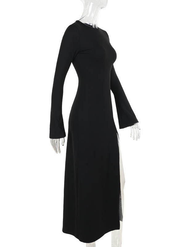 Long Sleeves Loose Asymmetric Color Split-joint Split-side Round-neck Maxi Dresses