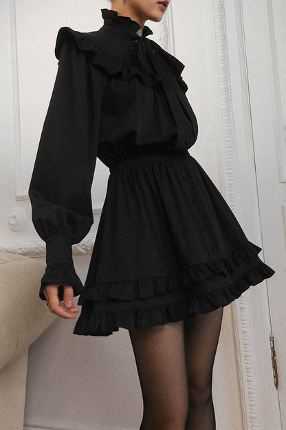 Bow Tie Lace Up Long Sleeve a Line Mini Dress
