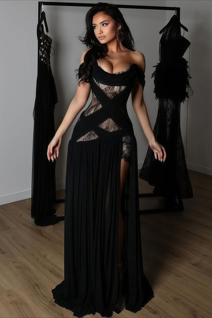 Lace Patchwork Cutout Sheer Slit Maxi Dress