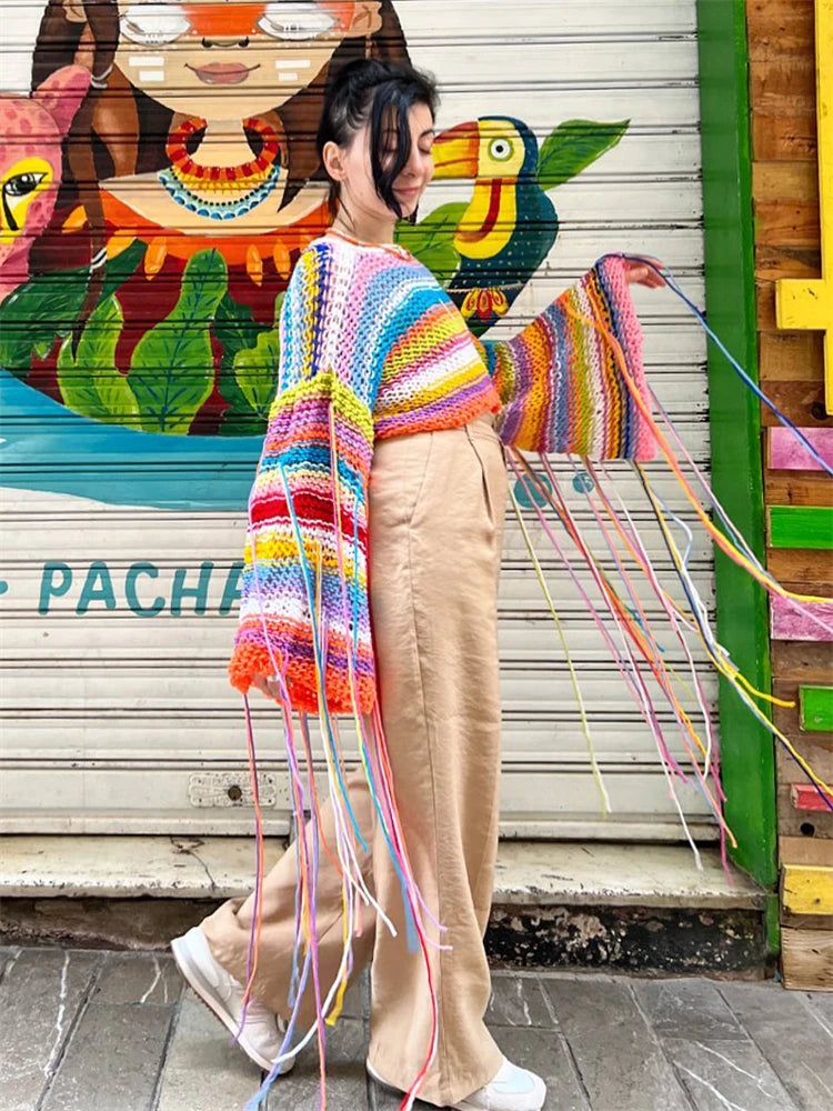 Tassel Contrast Holiday Sweater Pullovers for Loose Flared Sleeve Beach Knit Female Cover Up Pullover Crop Top