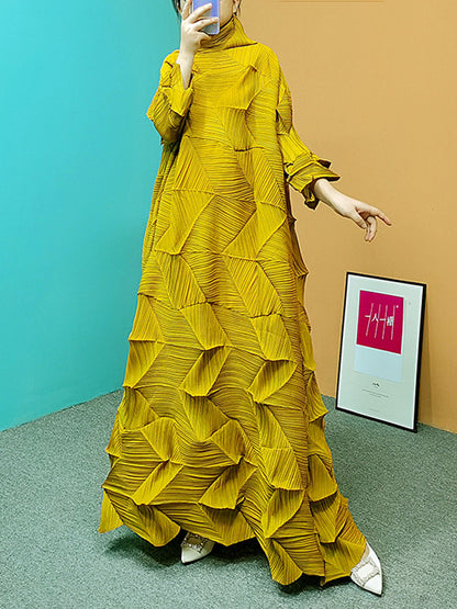 Long Sleeves Loose Pleated Color Stand Collar Maxi Dresses