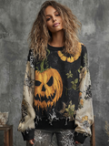 Comstylish Halloween Pumpkin Face And Plant Flower Pattern Design Women's Round Neck Knit Sweater