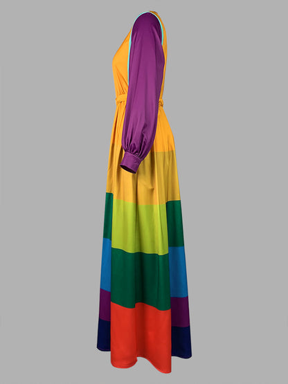 Long Sleeves Loose Colorful Striped Round-neck Maxi Dresses