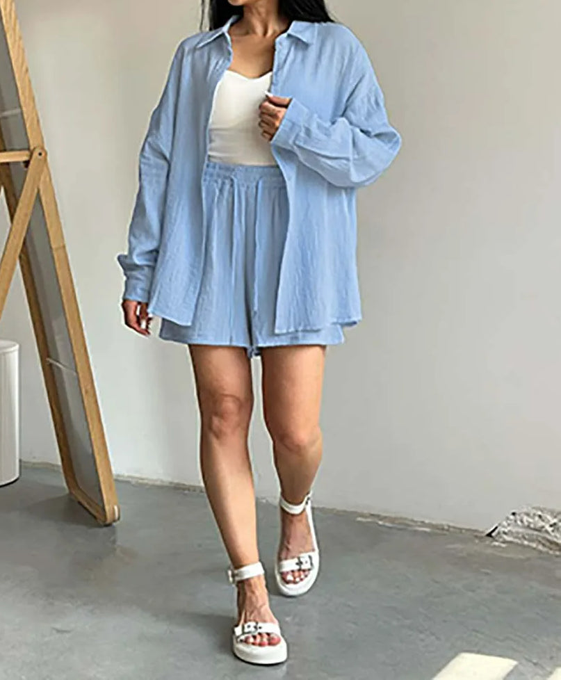 Blue Cotton Drawstring Shorts Office Two Piece Set