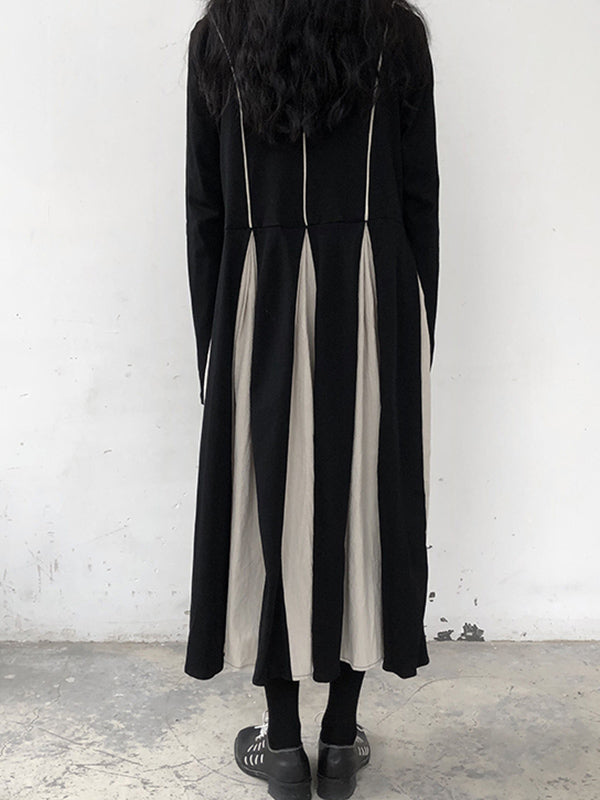 Original Contrast Color Split-joint High-neck Midi Dress