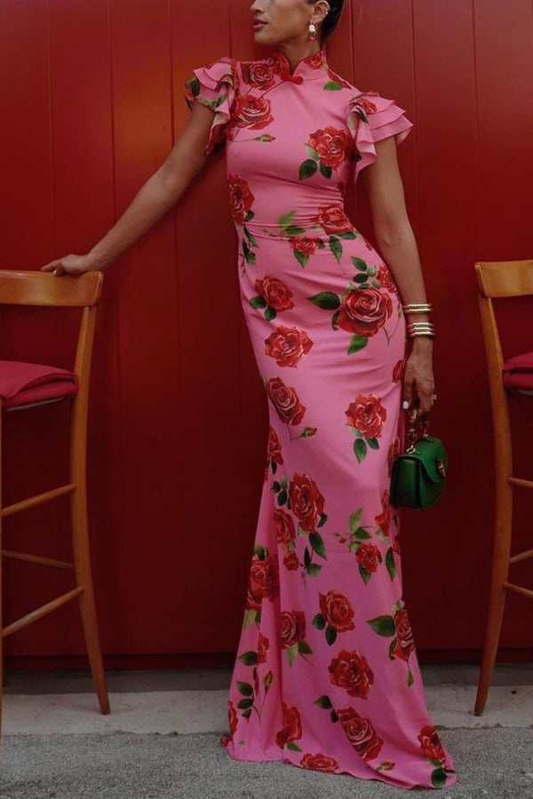 Party Cheongsam Style Rose Print Layered Flared Sleeve Elastic Long Skirt