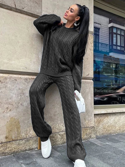 Autumn Knit Outfits Two Piece Sets Rib Loose Pullover and Wide Legs Pants Sweater Suit Matching Sets