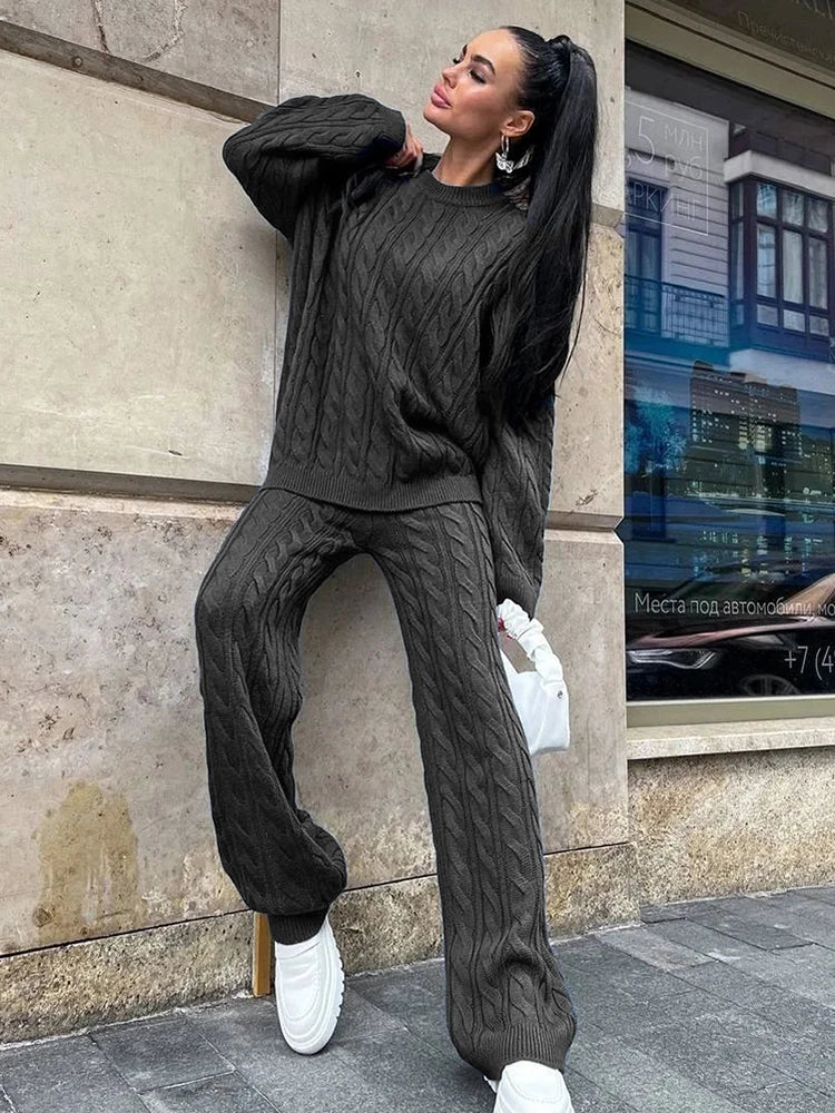 Autumn Knit Outfits Two Piece Sets Rib Loose Pullover and Wide Legs Pants Sweater Suit Matching Sets
