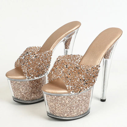 Liyke Peep Toe Party Club Strip Pole Dance Shoes – 17cm Extreme High Heels, Slipper With Sequined Transparent Platform Sandal