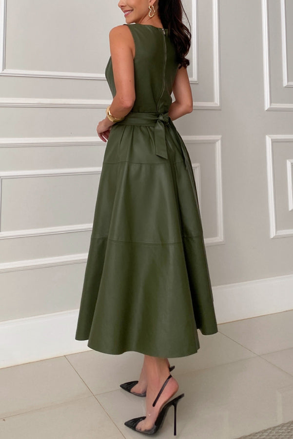 Ensemble Faux Leather Princess Line Back Zipper Umbrella Midi Dress