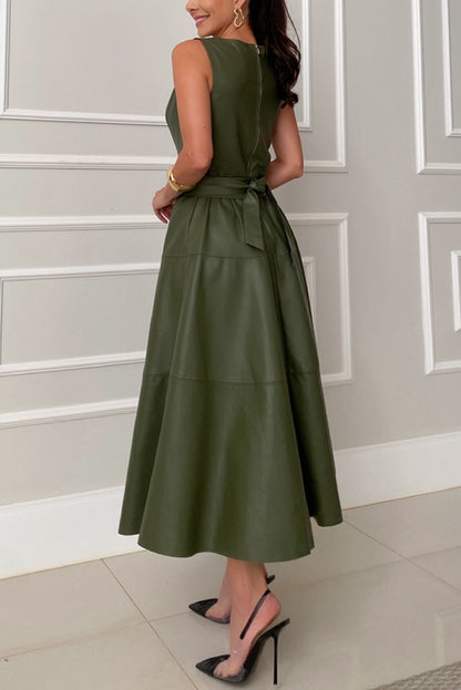 Ensemble Faux Leather Princess Line Back Zipper Umbrella Midi Dress