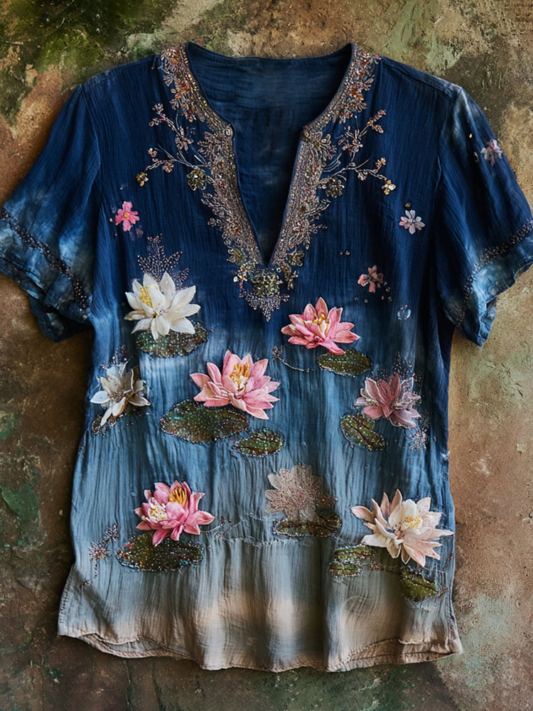Boho Lotus Sequin Embroidery Vintage Women's V-neck Linen T-shirt elevenforest