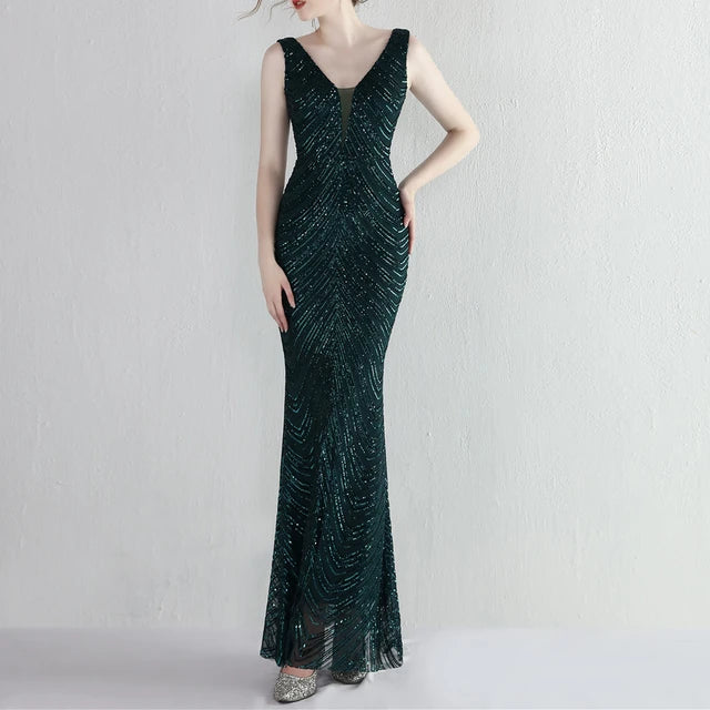 Backless Sequined Evening Dress High Waist Slim See Though Graduation Dress Party Long Dresses for