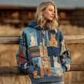 Women's Denim Patchwork Cute Cat Print Hoodie elevenforest