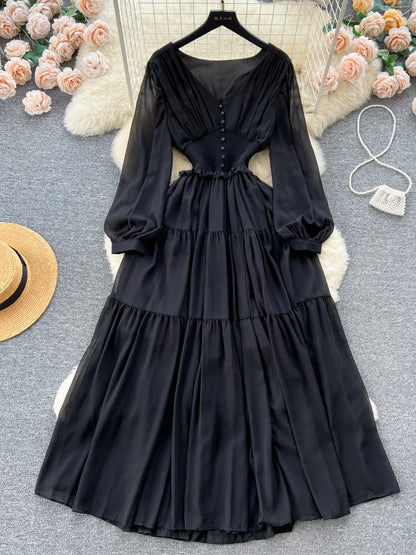 Chiffon Long Dress V-neck Long Sleeved Dresses French Pleated Slim A-line Long Robe Vestidos