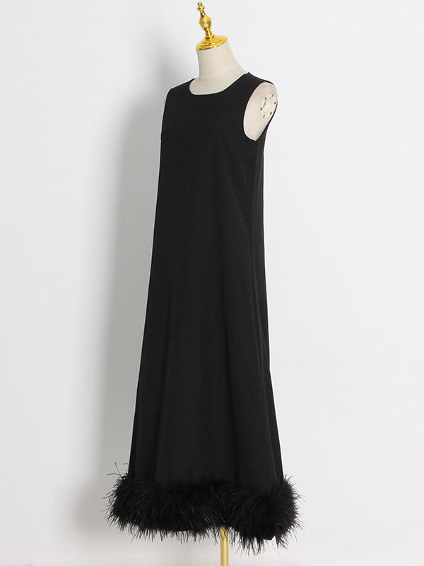 Simple Sleeveless Loose Feathers Color Midi Dresses