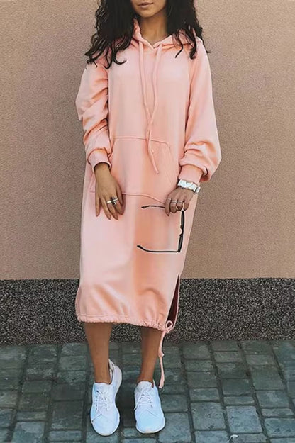 Color Hooded Lace-up Pocket Sweatshirt Style Midi Dress