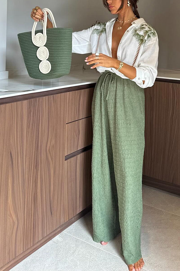 Tropical Calling Linen Blend Unique Print Loose Blouse and Elastic Waist Pocket Pants Set