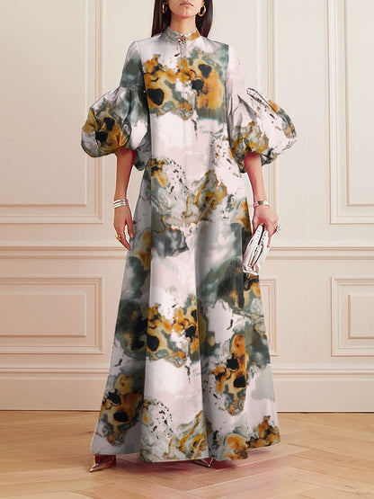 Loose Flower Shape Color Stand Collar Lantern Sleeves Maxi Dresses