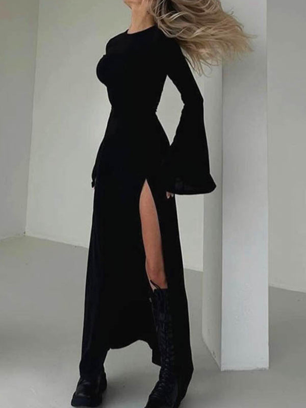 Long Sleeves Loose Asymmetric Color Split-joint Split-side Round-neck Maxi Dresses
