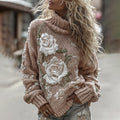 Vintage Rose Art Cozy Knit Turtleneck Sweater artswardrobe