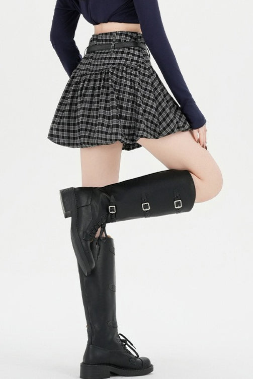 Plaid Bubble A-line Khaki Short Skirt