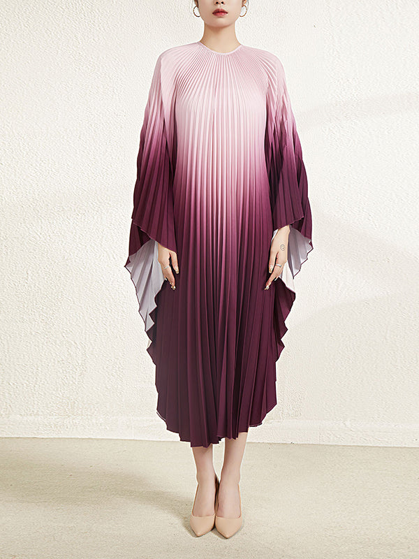 Batwing Sleeves Loose Gradient Pleated Round-neck Midi Dresses