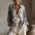 Women's Vintage White Rose Embroidery Casual Shirt elevenforest