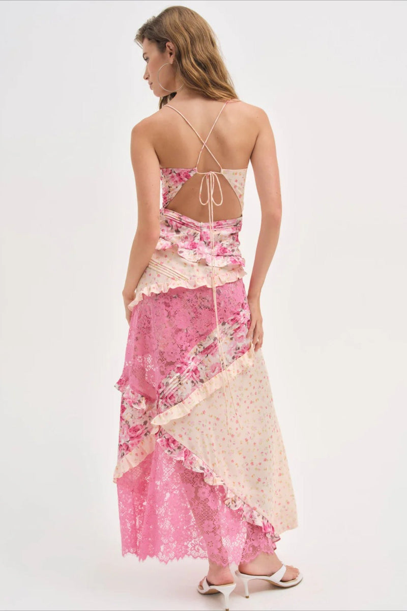 Deep V Ruffle Lace Patchwork Cami Maxi Dress
