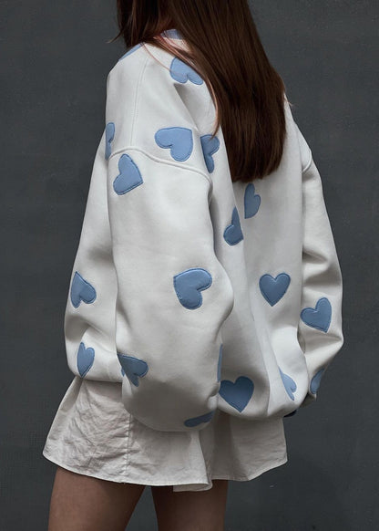 Amour – White Sweatshirt With Blue Heart Appliqués