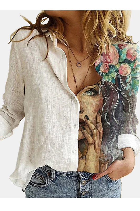 Figure Print Button Design Long Sleeve Blouse