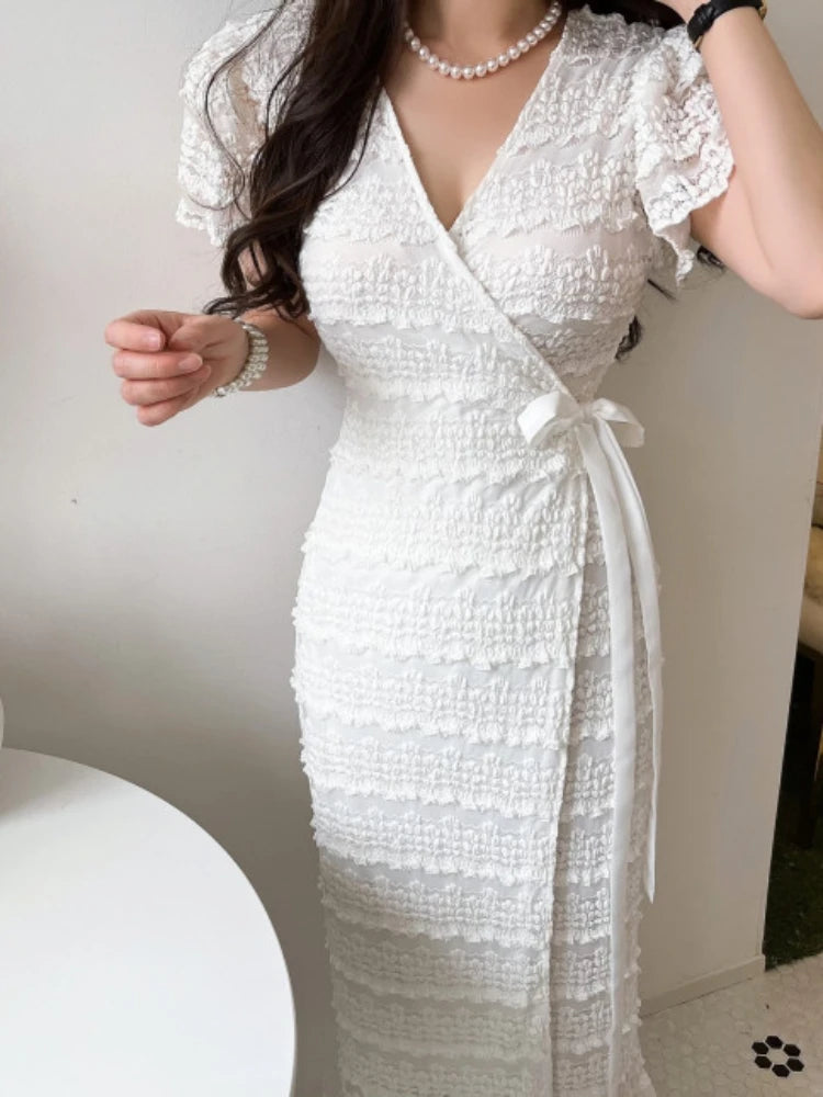 Bodycon Dress Summer V-neck Short Sleeve Korean Long Dresses White Black Long Robe