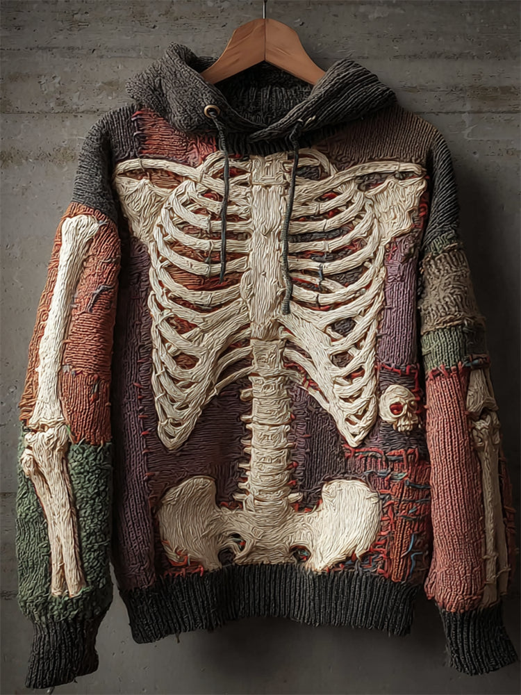Halloween Skeleton Colorblock Anatomy Cozy Knit Hooded Sweater artswardrobe