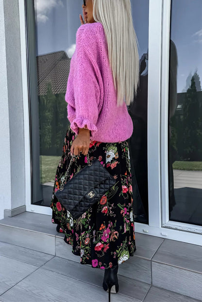 Color Round Neck Ruffled Long Sleeve Knitted Sweater