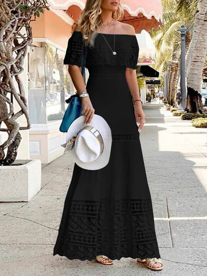 High Waisted Short Sleeves Hollow Color Split-joint Off-the-shoulder Maxi Dresses