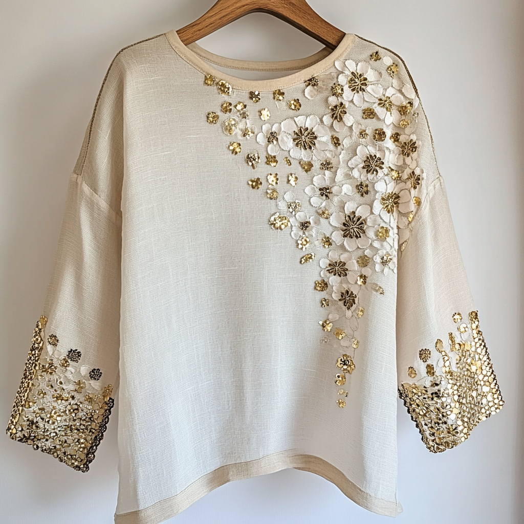 Women's Gold Stamped Sunflower Floral Art Linen Long Sleeve T-shirt elevenforest