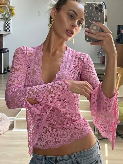 Lace See-through Y2k Top T-shirt V-neck Patchwork Hollow Out Cropped Top Night Club Clothes Crop Top