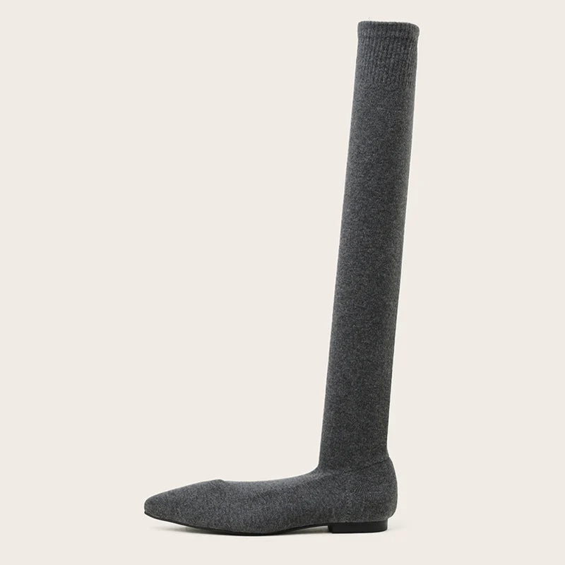 Size 34-40 ’s Black Thigh High Sock Boots – Slim Leg Stretch Fabric Pointed Toe Flat Heels Over the Knee Slip on Shoes