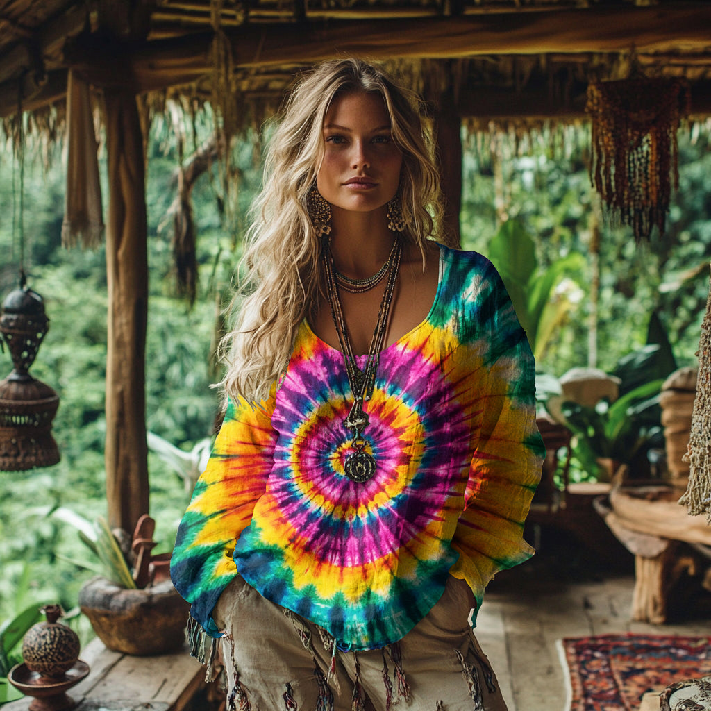 Women's Vintage Bohemian Colorful Tie-dye Art Linen Casual T-shirt elevenforest