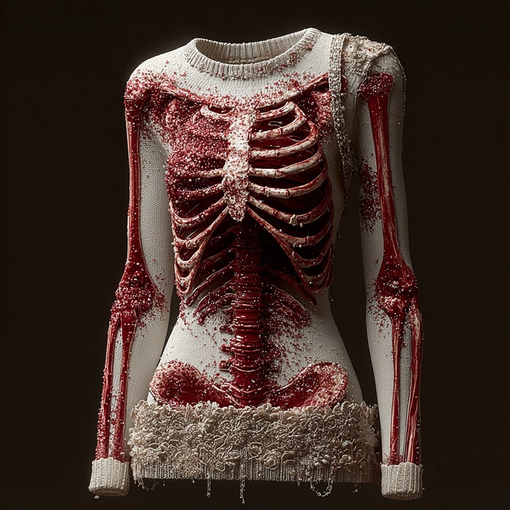 Classy Skeleton Bloody Lace Patchwork Round Neck Sweater artswardrobe