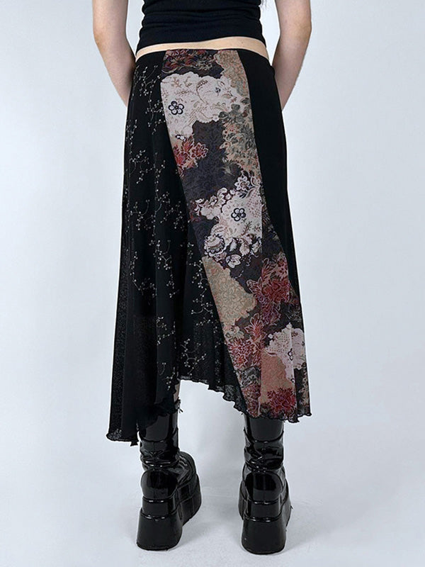 Dark Flower Print Splice Irregular Design Low Waist Midi Skirt