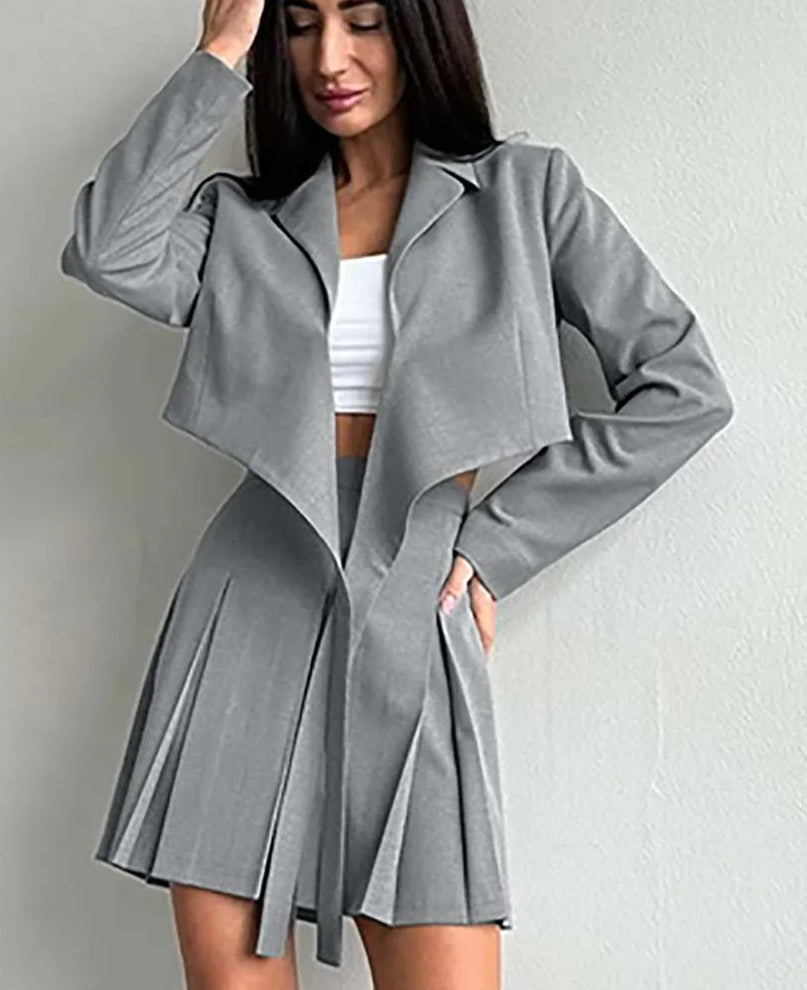 Grey Lace-up Pleated Mini Office Two Piece Set