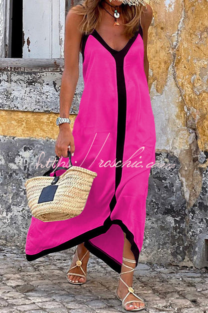 Traveling the Horizon Satin Colorblock Strap Loose Maxi Dress