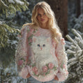 Women's Cute Cat Pink Rose Embroidery Art Cozy Knit Sweater
