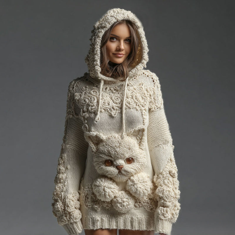 Comstylish Women's Vintage Cute Cat Art Knitted Warm Cazy Hooded Sweater
