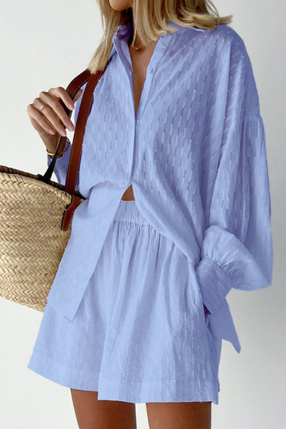 Textured Bubble Sleeve Blouse Shorts Set